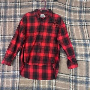 PAM & GELA HI-LOW  Red Tartan Plaid Flannel Shirt - Size:S Cotton Blend